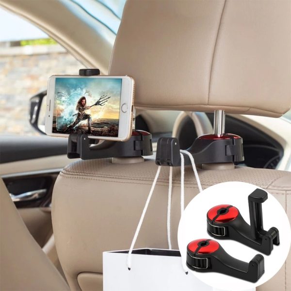 2 in 1 Car Headrest Hook with Phone Holder, Car back Seat Hooks for Purses and Bags, 360° Rotation 1ps